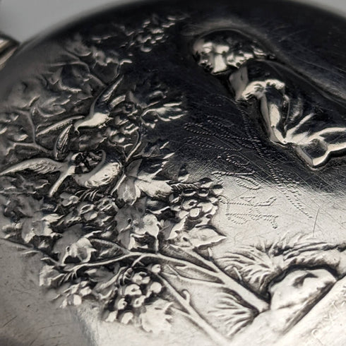 Antique Swiss GLOBE pocket watch relief engraving silver side hunter case works well