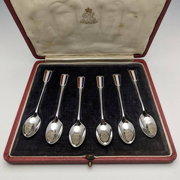 1936 British vintage enamel decorated sterling silver teaspoon set of 6 in a case