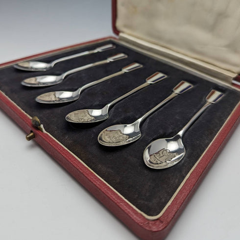 1936年 英国ヴィンテージ エナメル装飾 純銀製ティースプーン6本セット ケース入り