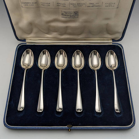 Juego de 6 cucharillas de té de plata de ley vintage británicas de 1935 con marcas múltiples, en estuche