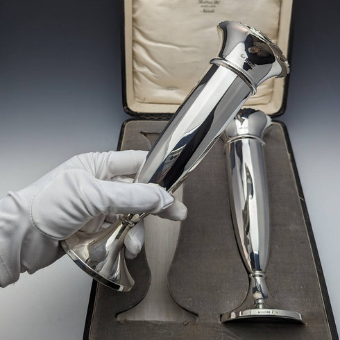 1928 British vintage sterling silver vase pair 473g in case Adie Brothers