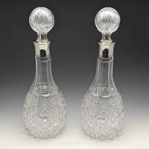 英国ヴィンテージ カットガラス シルバープレート装飾 デキャンタ ペア