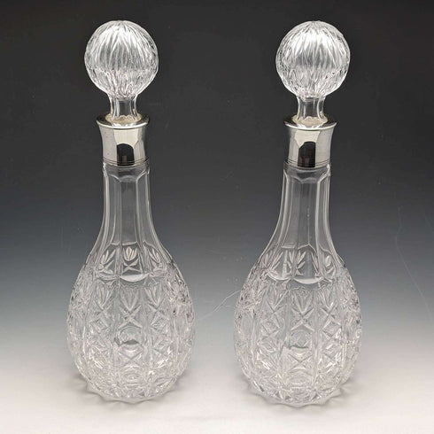 British Vintage Cut Glass Silver Plate Decorated Decanter Pair