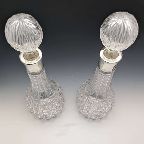 British Vintage Cut Glass Silver Plate Decorated Decanter Pair