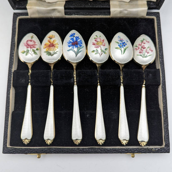 1958 年英國復古純銀鍍金琺瑯花朵裝飾套裝 6 茶匙裝在盒子裡