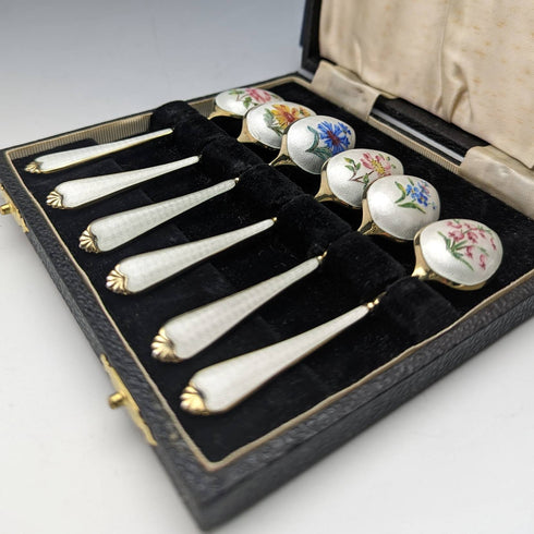 1958 年英國復古純銀鍍金琺瑯花朵裝飾套裝 6 茶匙裝在盒子裡