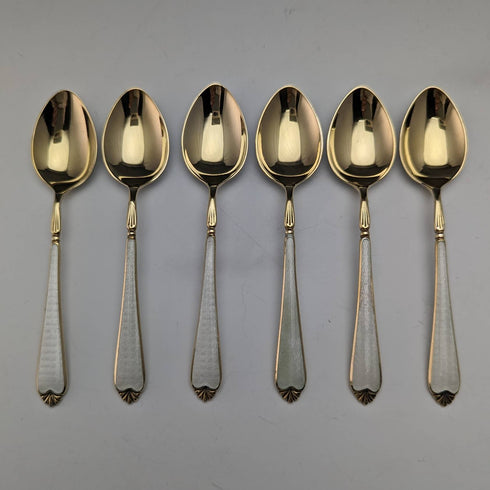 1958 年英國復古純銀鍍金琺瑯花朵裝飾套裝 6 茶匙裝在盒子裡