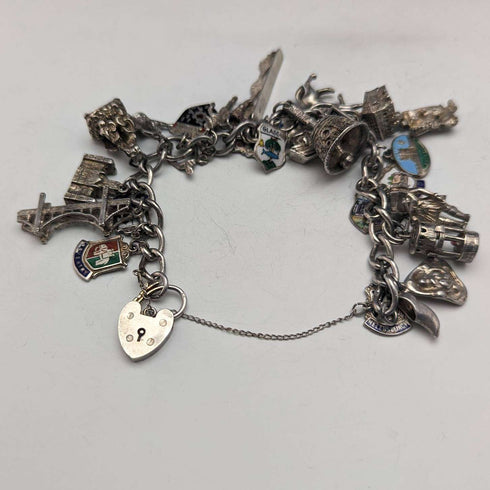 British vintage silver charm bracelet 75g