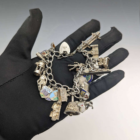 British vintage silver charm bracelet 75g