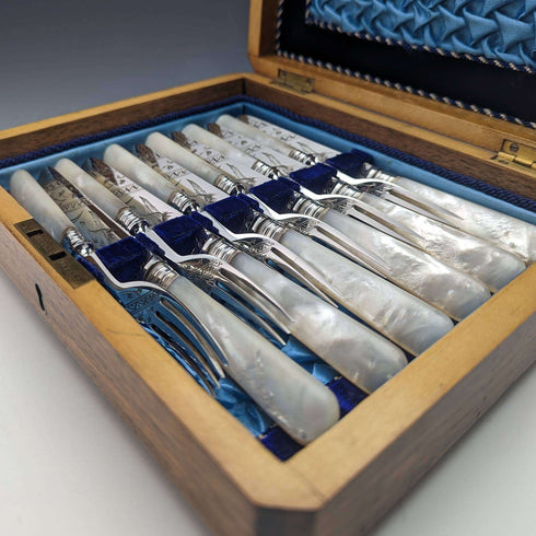 1880 British antique white butterfly shell handle dessert cutlery 6 pair set William Batt and Sons wooden box