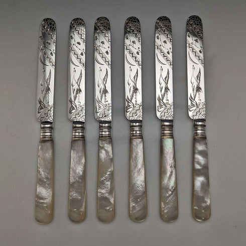 1880 British antique white butterfly shell handle dessert cutlery 6 pair set William Batt and Sons wooden box