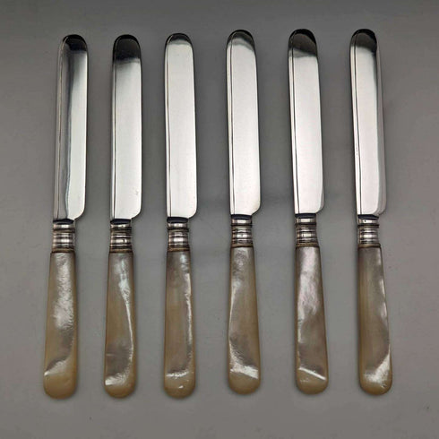 1880 British antique white butterfly shell handle dessert cutlery 6 pair set William Batt and Sons wooden box