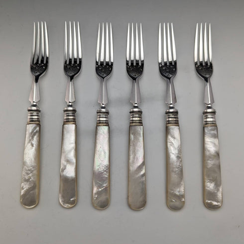 1880年 英国アンティーク 白蝶貝ハンドル デザートカトラリー6ペアセット William Batt and Sons 木箱入り