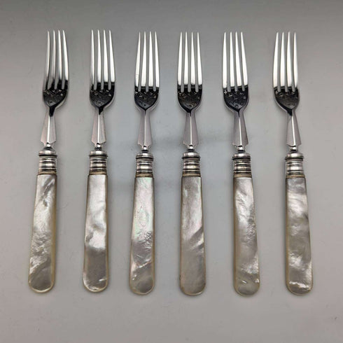 1880 British antique white butterfly shell handle dessert cutlery 6 pair set William Batt and Sons wooden box