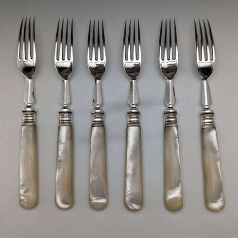 1880 British antique white butterfly shell handle dessert cutlery 6 pair set William Batt and Sons wooden box