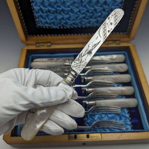 1880 British antique white butterfly shell handle dessert cutlery 6 pair set William Batt and Sons wooden box