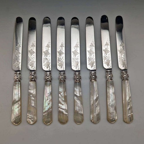 Around 1870 British Antique White Pearl Shell Handle Dessert Cutlery 8 Pair Set in Wooden Box