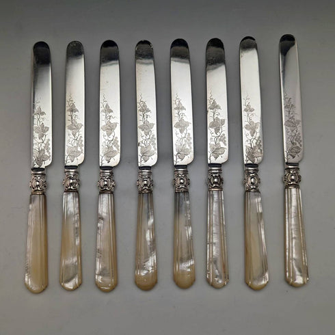 Around 1870 British Antique White Pearl Shell Handle Dessert Cutlery 8 Pair Set in Wooden Box