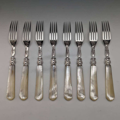 Around 1870 British Antique White Pearl Shell Handle Dessert Cutlery 8 Pair Set in Wooden Box