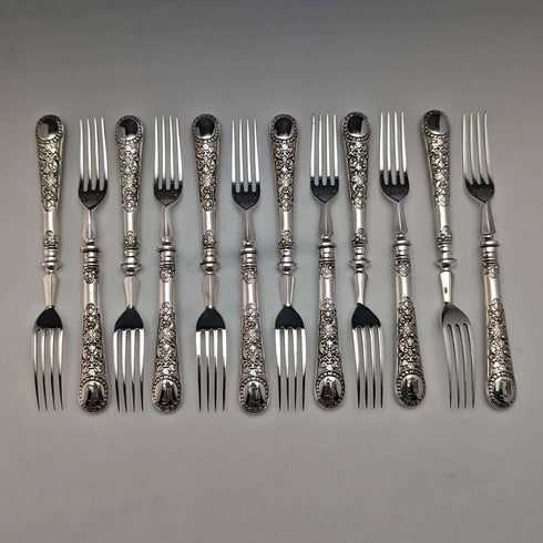 Late Victorian British antique silver plate dessert cutlery 12 pair set in wooden box