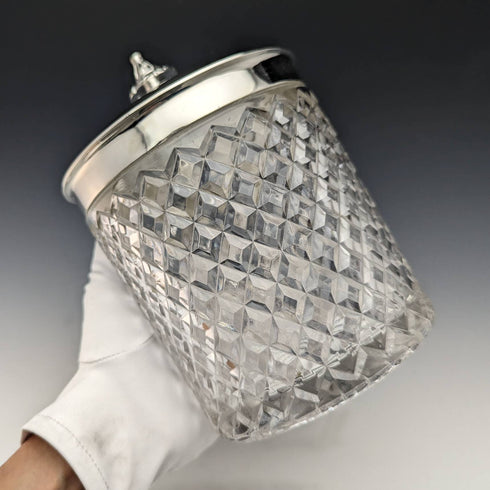 1869年 英国アンティーク カットガラス ビスケットバレル シルバープレート蓋