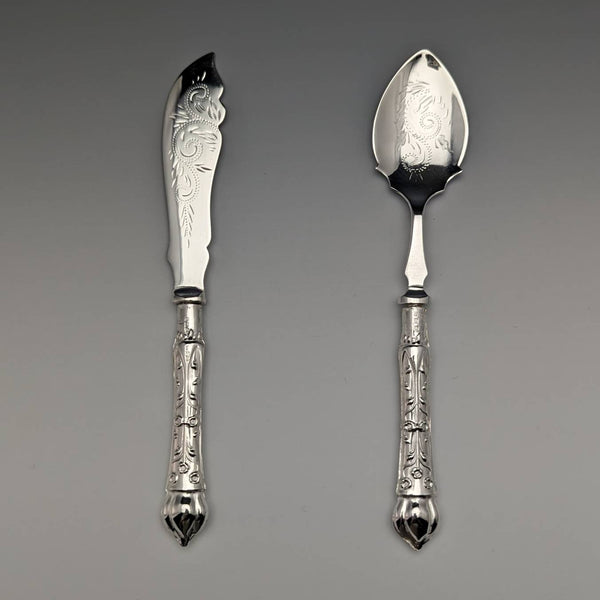 1938 British Vintage Pure Silver Handle Knife & Spoon Set Raeno Silver Plate Co