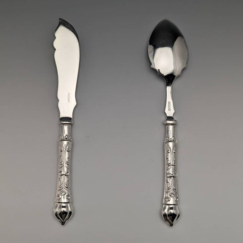 1938 British Vintage Pure Silver Handle Knife & Spoon Set Raeno Silver Plate Co
