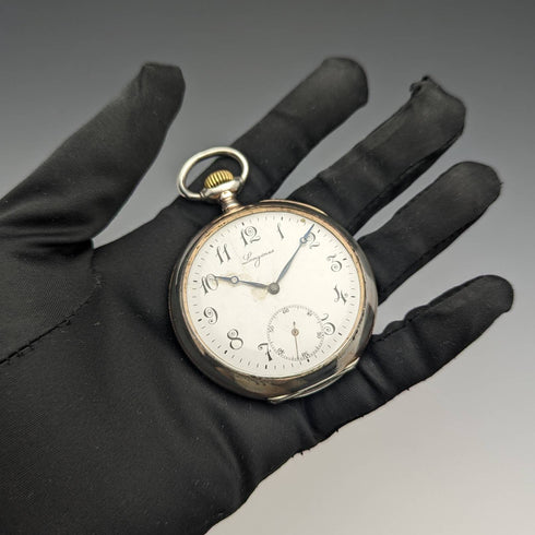 1911年頃 アンティーク ロンジン 懐中時計 ニエロ装飾銀側ケース 動作良好