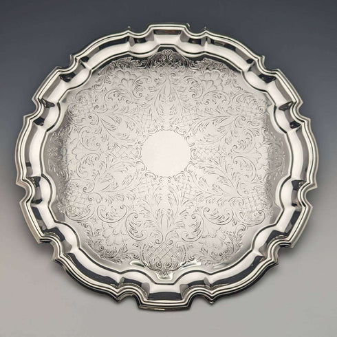 British Vintage Silver Plated Tray Diameter 31cm Queen Anne Boxed