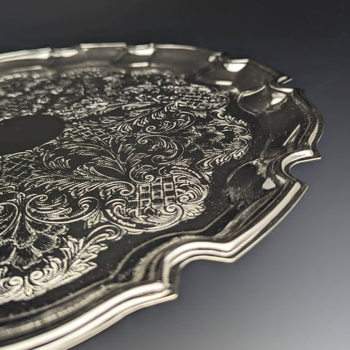 英国ヴィンテージ シルバープレート製 トレイ 直径31cm Queen Anne 箱入り