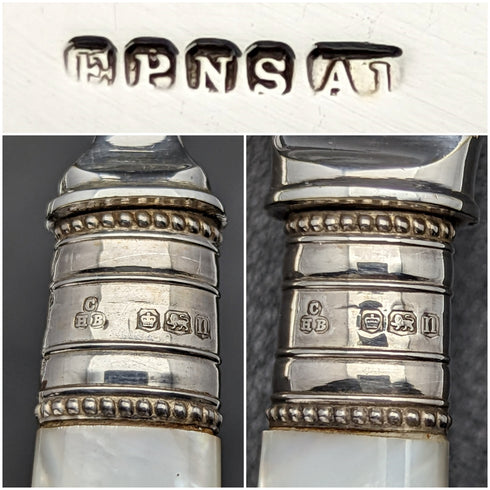 1930年 英国ヴィンテージ 白蝶貝ハンドル デザートカトラリーセット 6x2 レザーケース入