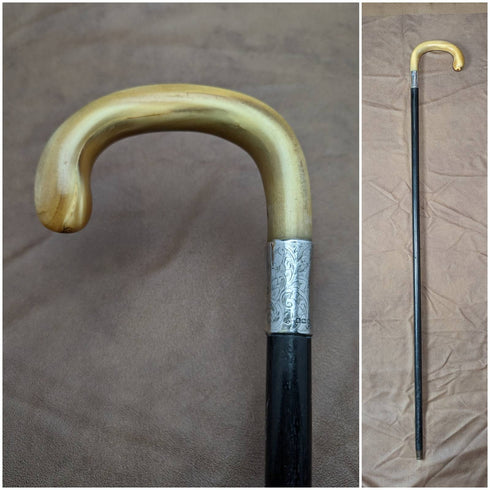 1919 British Antique Gentleman's Walking Stick with Curved Horn Handle 91cm