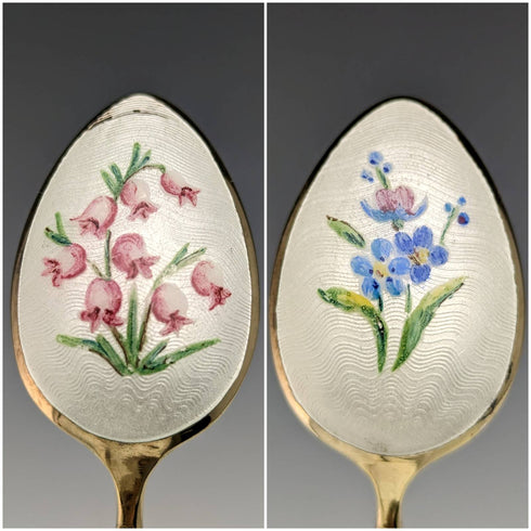 1958 年英國復古純銀鍍金琺瑯花朵裝飾套裝 6 茶匙裝在盒子裡