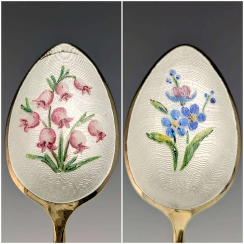1958 年英國復古純銀鍍金琺瑯花朵裝飾套裝 6 茶匙裝在盒子裡