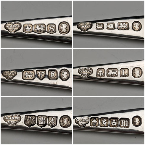 Juego de 6 cucharillas de té de plata de ley vintage británicas de 1935 con marcas múltiples, en estuche