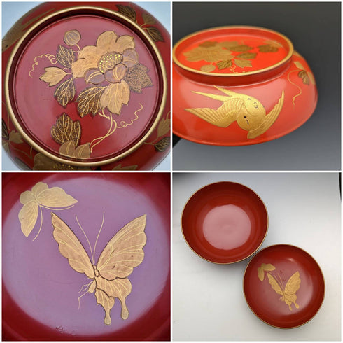 Japanese Antique Meiji Era Kyoto Lacquerware Soup Bowl with Lid Set of 5