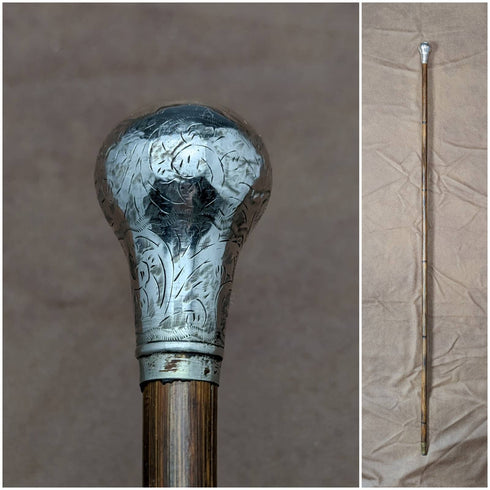 1919 British antique ladies walking stick, sterling silver, round handle, 82cm