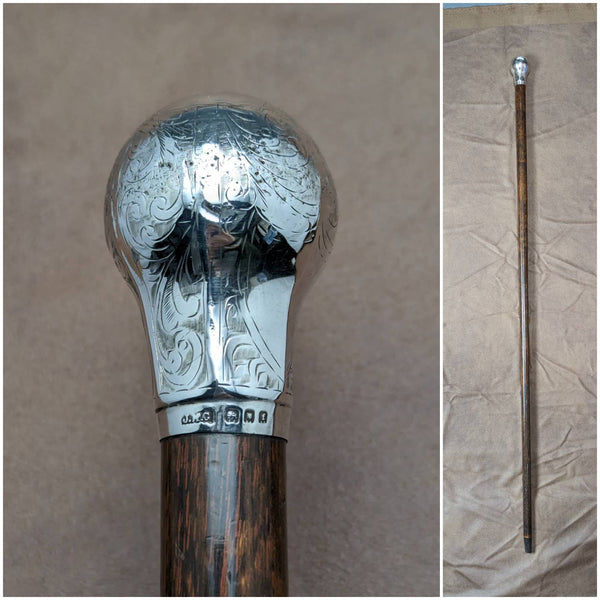 1921 British antique gentleman's walking stick, pure silver, round handle, 92cm