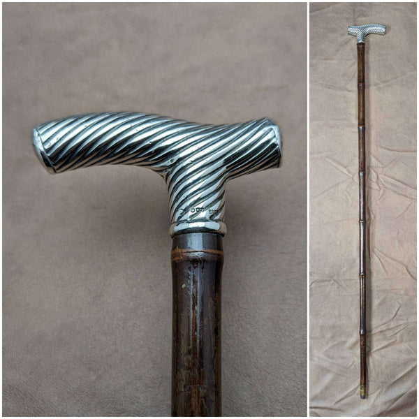 1890 British Antique Men's Walking Stick Pure Silver Derby Handle 92cm