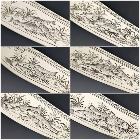 1870 British Antique Sterling Silver Fish Cutlery 6 Pair Set Boxed William Marshall