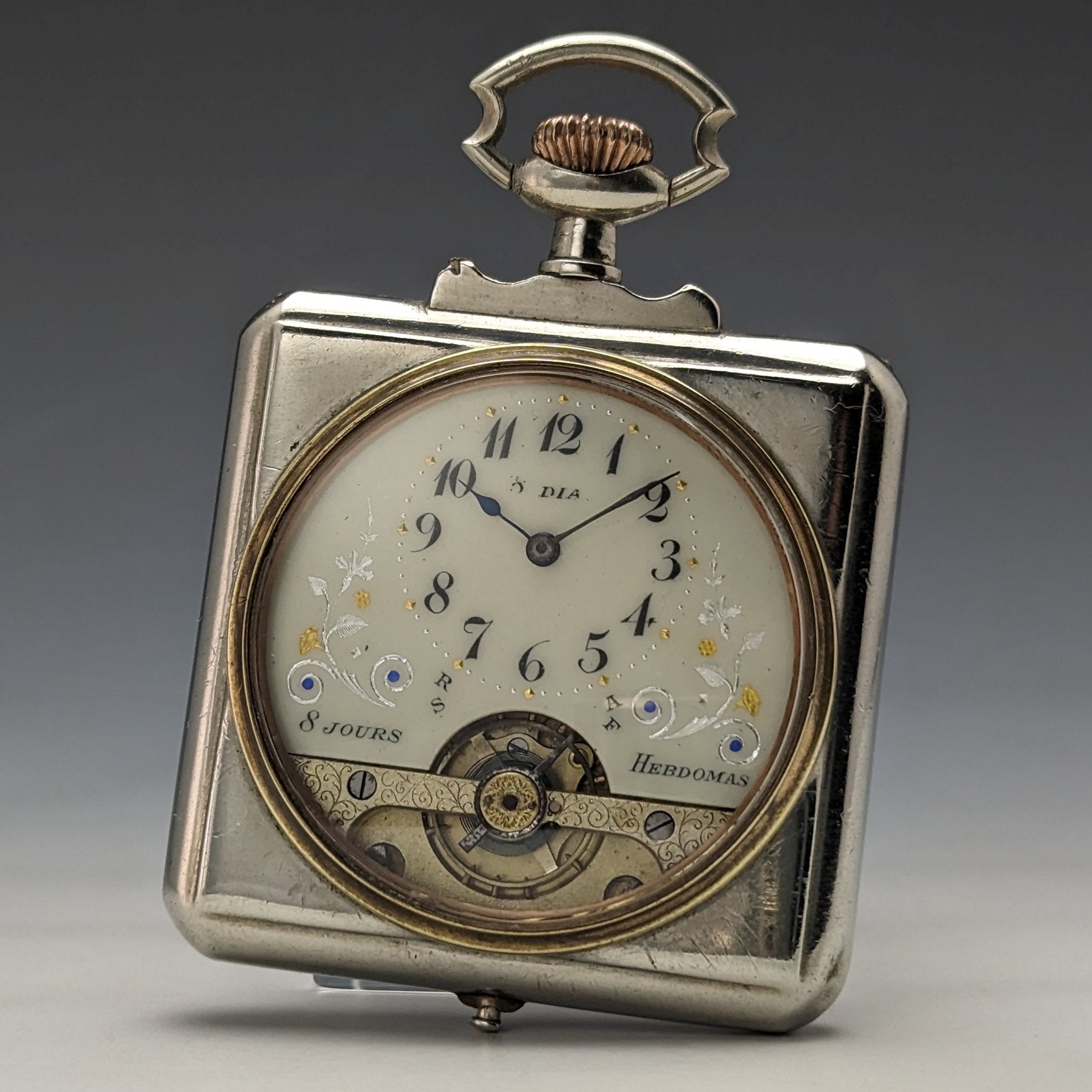Antique Hebdomas 8 day pocket watch square case in good Antique Hebdomas 8 day pocket watch square case in good