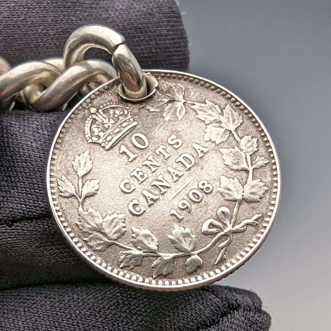 1909年 英国アンティーク 純銀製アルバートチェーン 54g カナダコイン