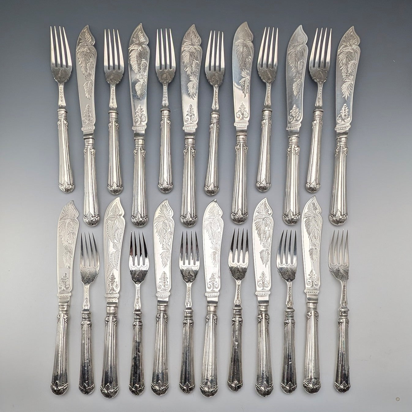 1869年 英国アンティーク 総純銀製 フィッシュカトラリーセット 12ペア 計1161g Mappin Brothers 1869 British Antique All Pure Silver Fish Cutlery Set, 12