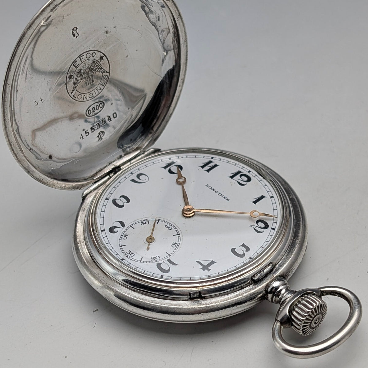 Circa 1926 Antique Longines Pocket Watch, Silver Hunter Case, Arabic I ...